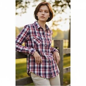 Weatherproof Vintage Women's Plaid Long Sleeve Button Down Shirt, Garnet, S